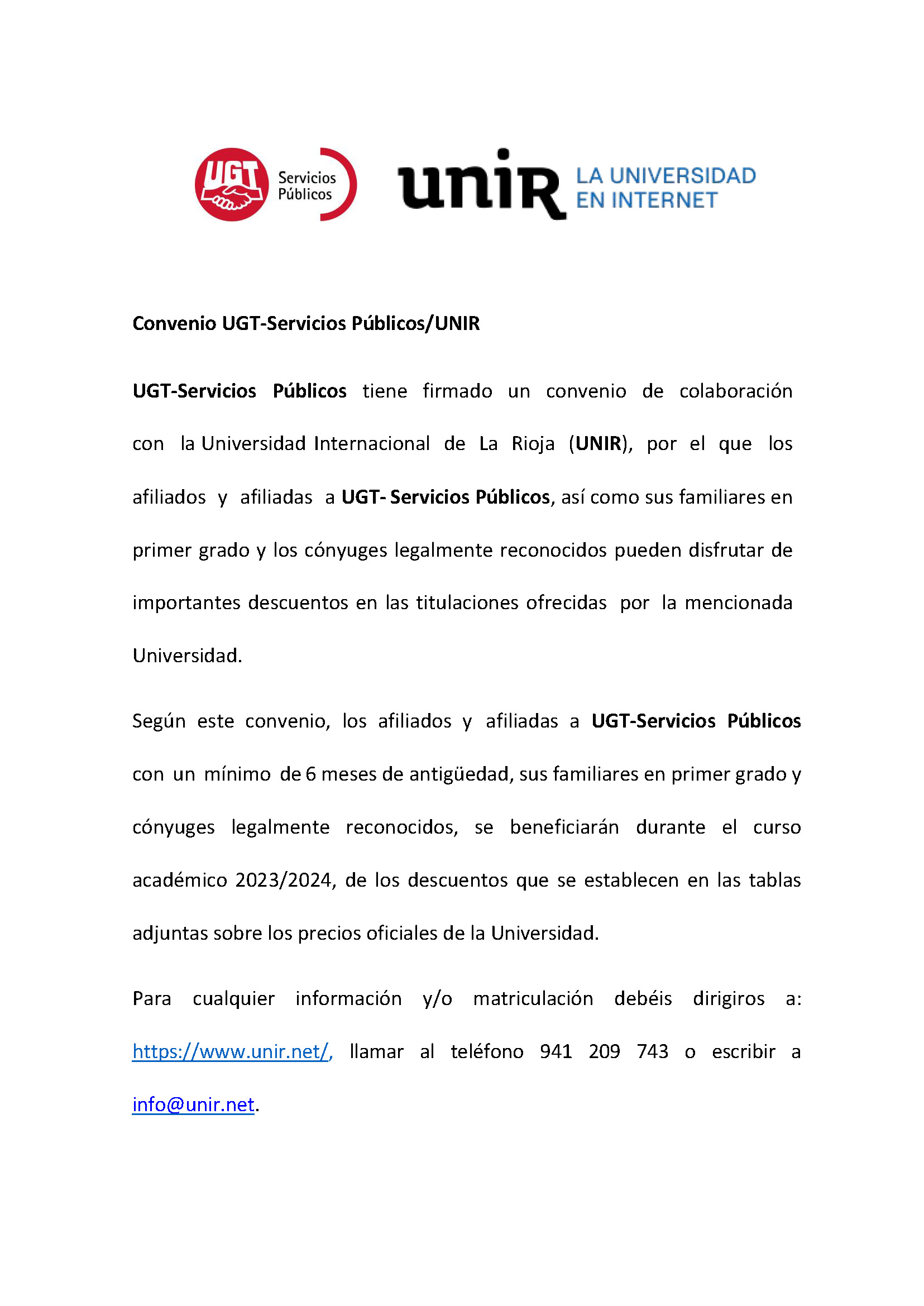 UNIR – CONVENIO DESCUENTO PARA AFILIADOS/AS y FAMILIARES DE 1º GRADO – Descuentos en Grados y Máster 23/24 – (Universidad Internacional de la Rioja).