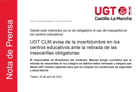UGT CLM avisa de la incertidumbre en los centros educativos ante la retirada de las mascarillas obligatorias